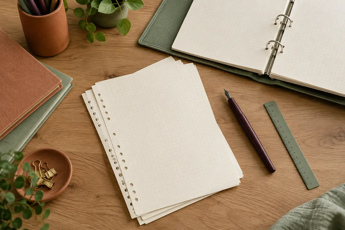Feuilles B5 blanc cassé à points de 5 mm et perforation à neuf trous sur un bureau