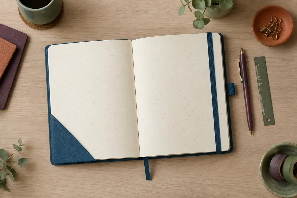 Carnet de bullet journal bleu ouvert sur ses pages pointillées, accompagné d’un stylo sur un bureau clair.