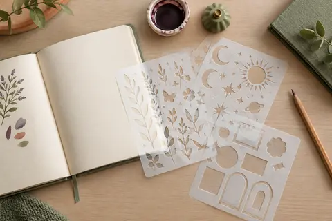 Pochoirs blancs et transparents en PET posés près d’un carnet ouvert sur un bureau clair
