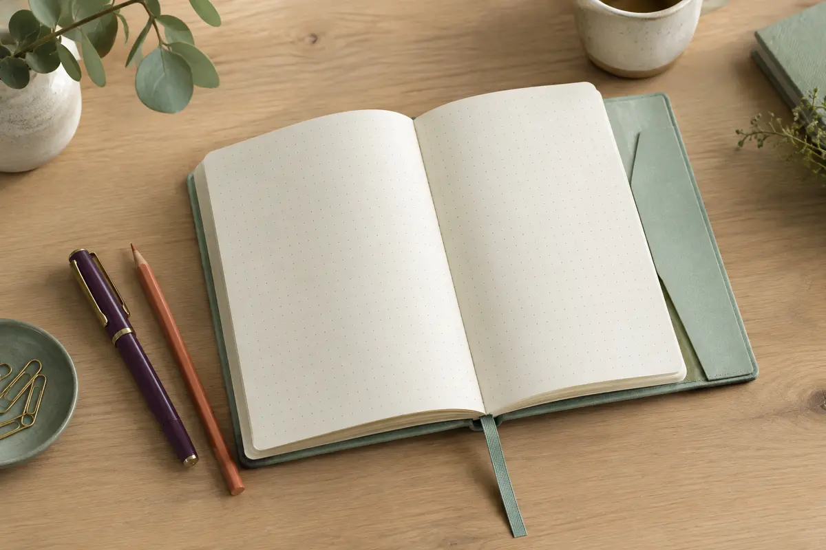 Carnet à points vert d’eau ouvert sur un bureau, avec son ruban marque-page et du papier blanc