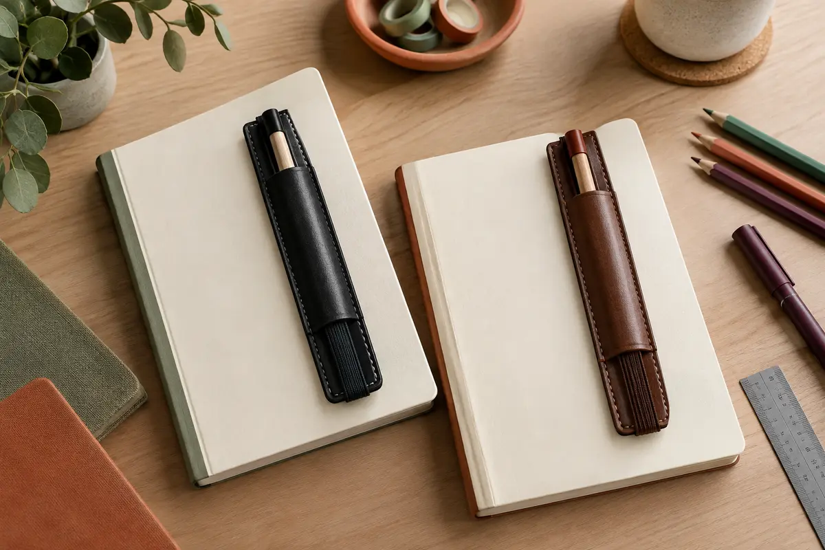 Deux porte-stylos élastiques en cuir PU noir et brun fixés à des carnets ivoire.