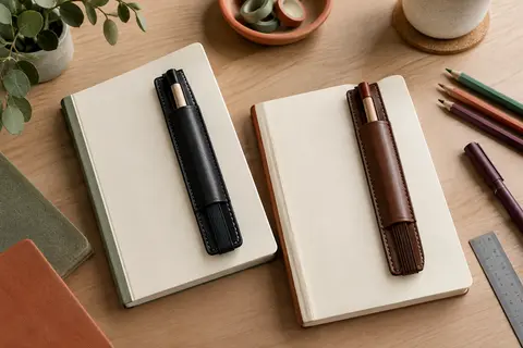 Deux porte-stylos élastiques en cuir PU noir et brun fixés à des carnets ivoire.
