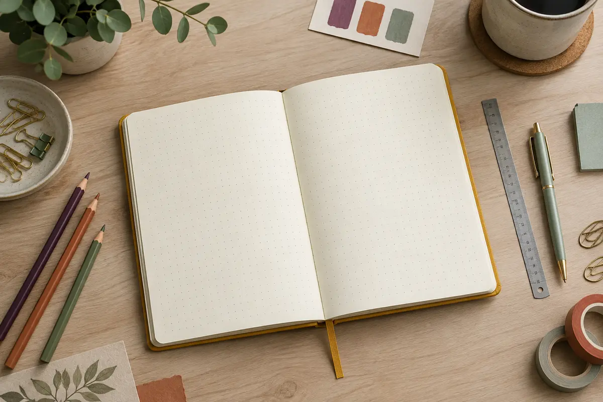 Carnet pointillé à couverture moutarde ouvert sur un bureau avec stylo et accessoires de mise en page.