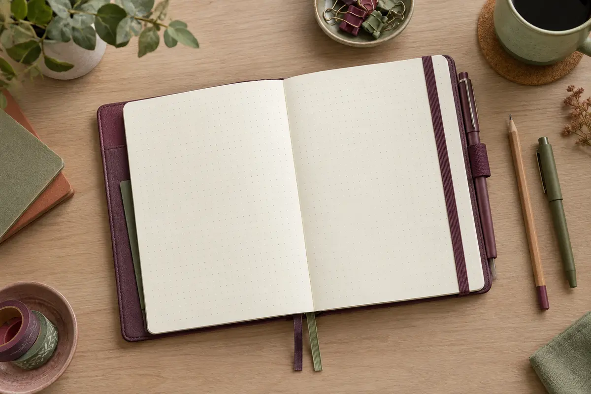 Carnet pointillé ouvert sur un bureau, avec pages ivoire, couverture rigide, porte-stylo et marque-pages