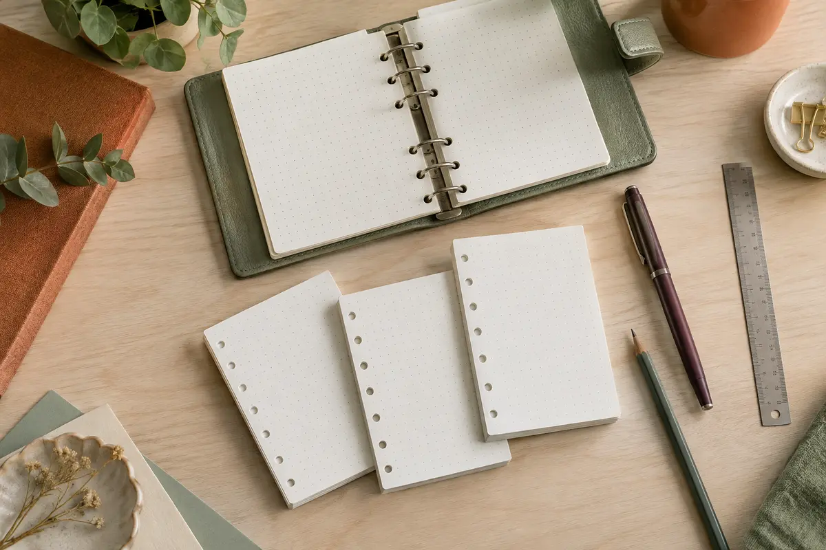 Feuilles mobiles pointillées A6 à six trous près d’un classeur ouvert et d’accessoires de papeterie