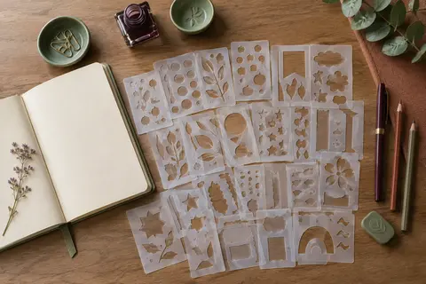 Pochoirs laiteux en PET disposés sur un bureau avec un carnet ouvert et des crayons.