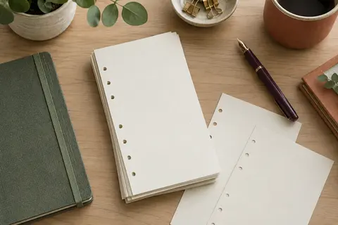 Feuilles de recharge blanches pointillées à six trous disposées sur un bureau de bullet journal.