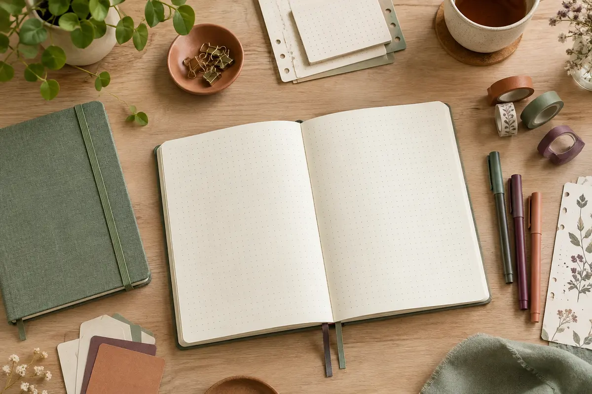 Carnet pointillé ouvert et outils de mise en page réunis sur un bureau